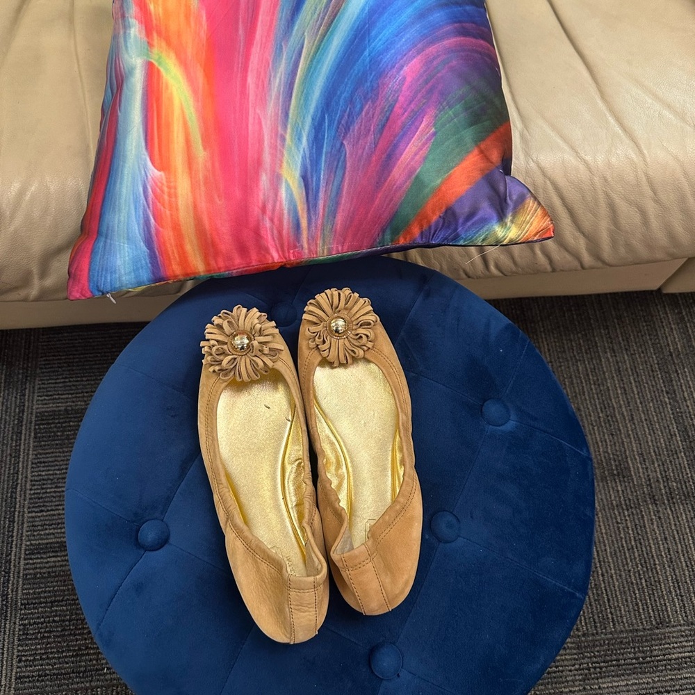 COACH Camel Color Suedd Women's Flats with Floral Fringe Accent & Gold hardware